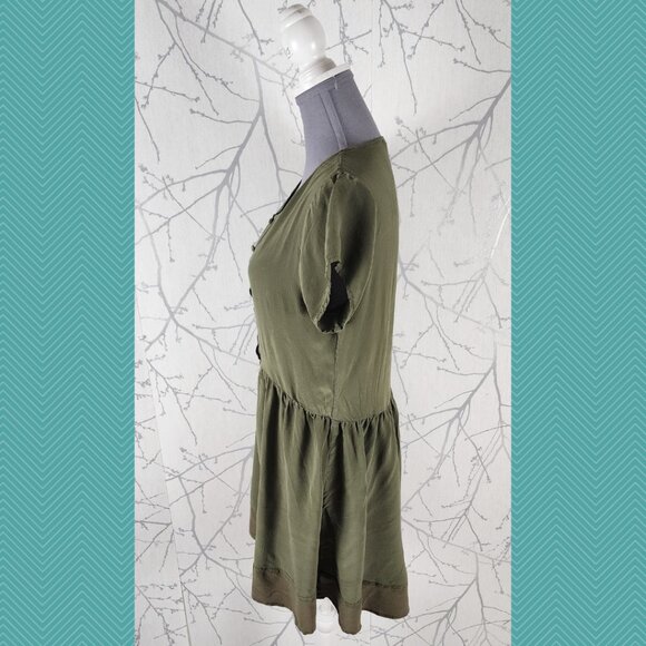 Sitka Olive Green 100% Silk Button Popover Flowy A-Line Dress - Picture 2 of 4